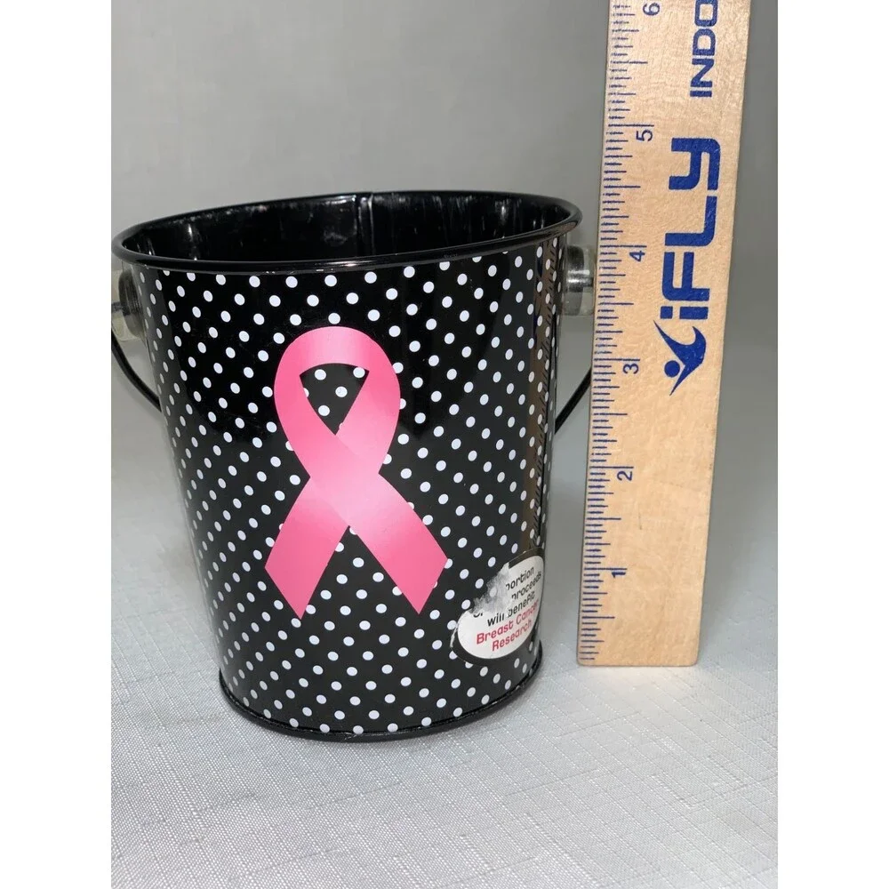 Breast Cancer Small Black & White Polka Dot Metal Pail With Pink Ribbon Design